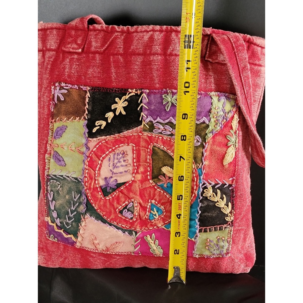 Boho Patchwork Peace Sign Corduroy Tote Bag Red Cotton Nepal - Picture 2 of 9